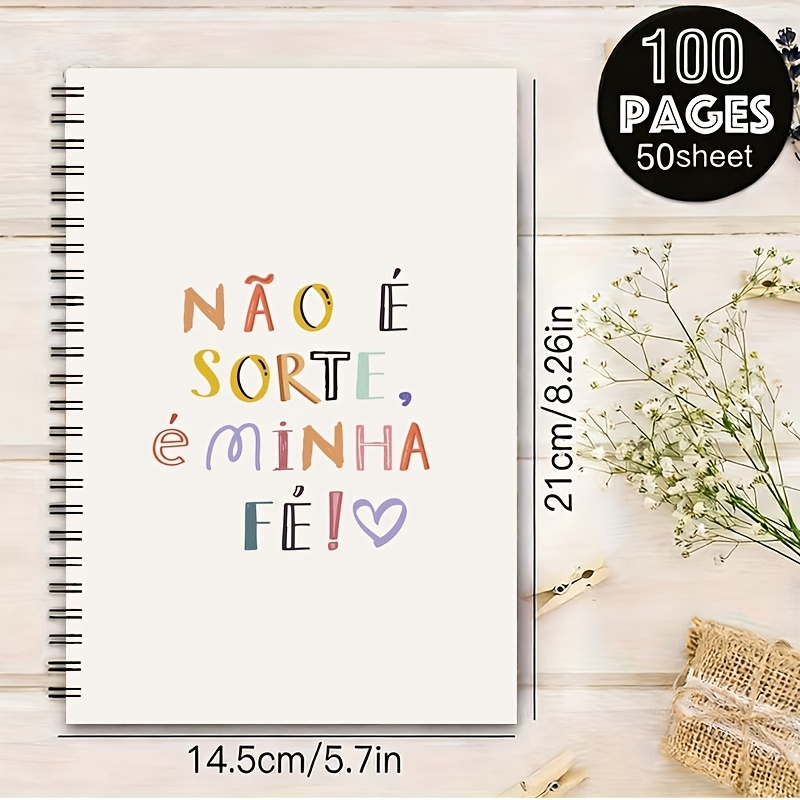 TEMU 1pc 2d Flat Inspirational Portuguese Quote Colorful A5 Spiral Notebook, Black Spiral, Size 21×14.5cm, 24-hole Spiral Binding, 50 Sheets 100