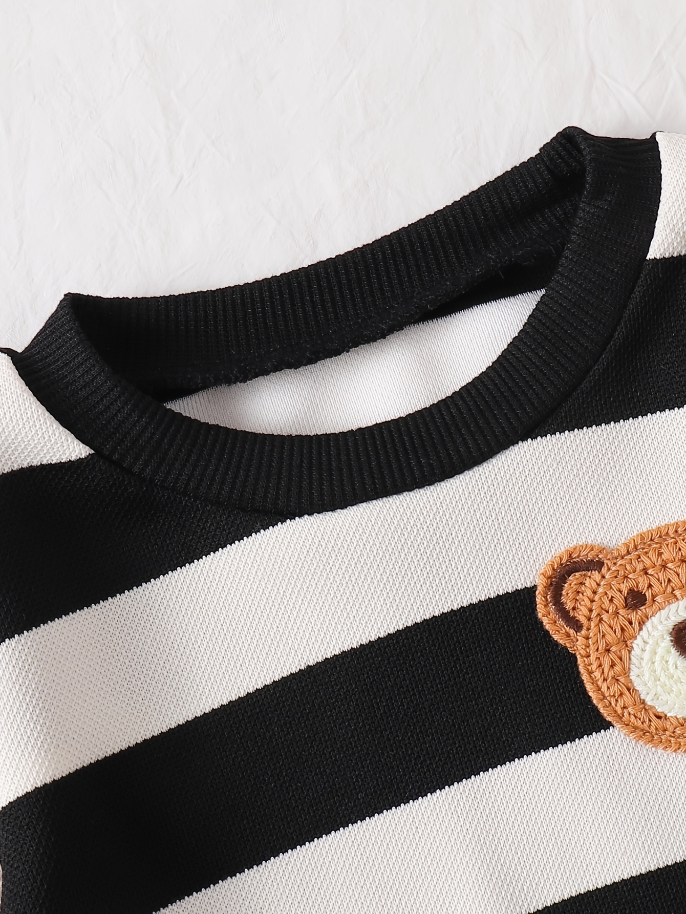 2pcs denim set with striped long sleeves cute 3d bear patch for adorable charm warm and comfortable soft light beige friendly fabric elastic waistband for easy on off   outdoor Product details 1