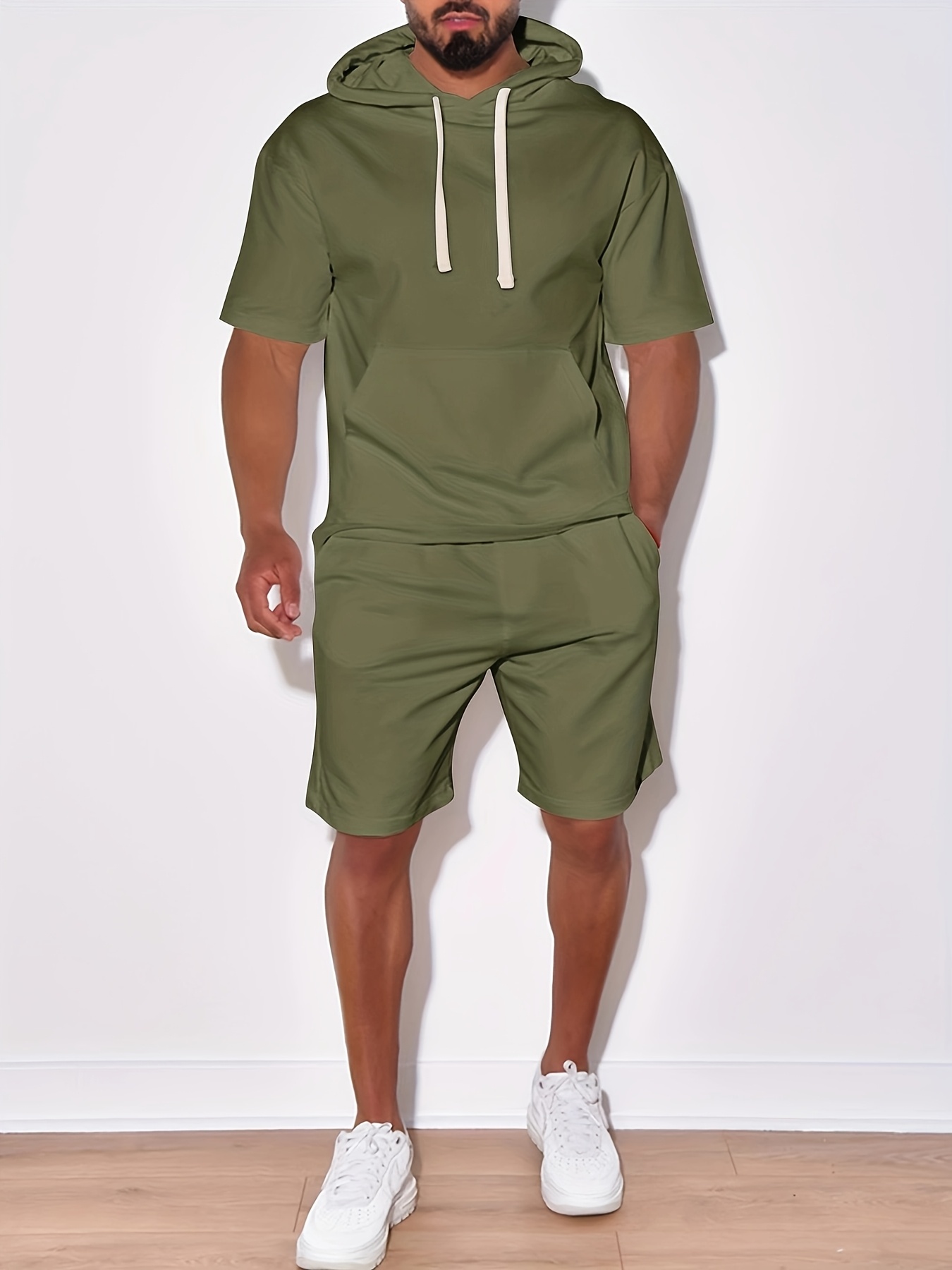 piece mens solid color hoodie outfit casual short sleeve Temu