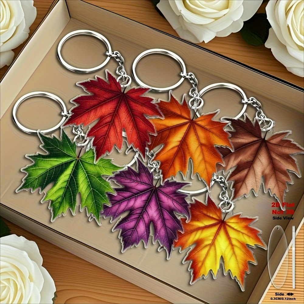 TEMU 2d Flat Keychain Set – 6pcs Multicolor Maple Leaf Keychains: Suitable For Backpack Hanging, Party Favors, Autumn-themed Gifts, Back-to-school