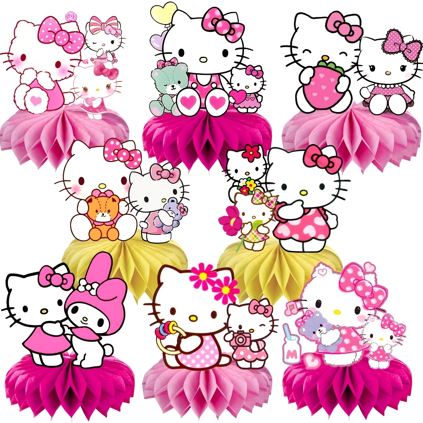 

8pcs Kawaii Kitty Honeycomb Desktop Decoration Party Supplies, Suitable For Cartoon Kitty Theme Birthday Party Decorations, Double-sided Anime Kitty Theme Desktop Decoration Party Gifts