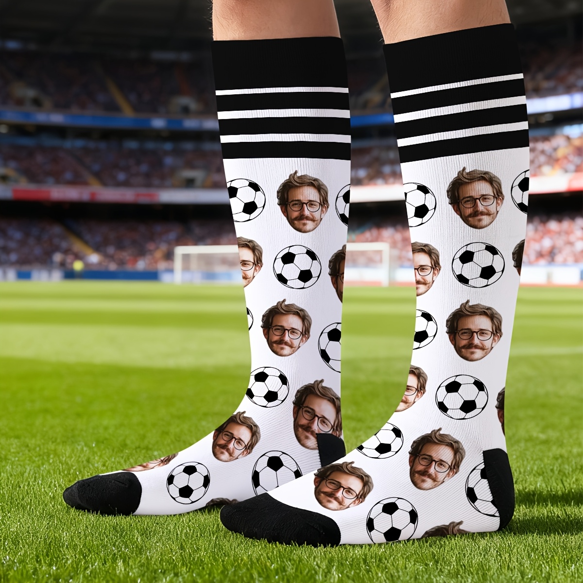 E-shop [Einzigartige Anpassung] Ein Paar personalisierte Gesichtskompressionssocken – für Fußballbegeisterte mit einem individuellen Fotodesign, ein