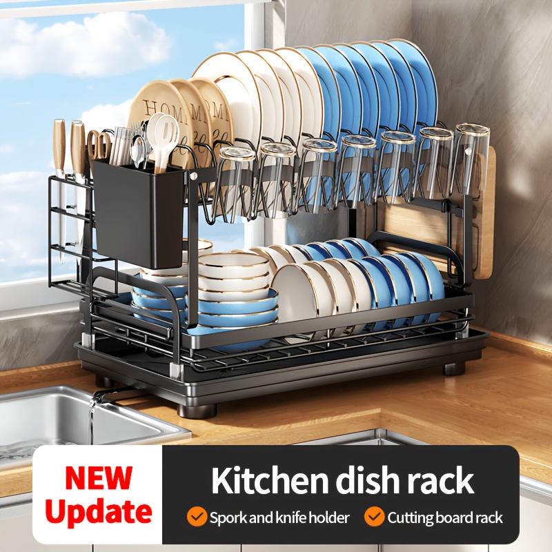 Two-tier Metal Kitchen Countertop Dish Rack Is Space-saving And Durable. A Knife And Fork Holder, A Cup Rack, A Cutting Board Holder, And A Rust-proof Draining Tray
