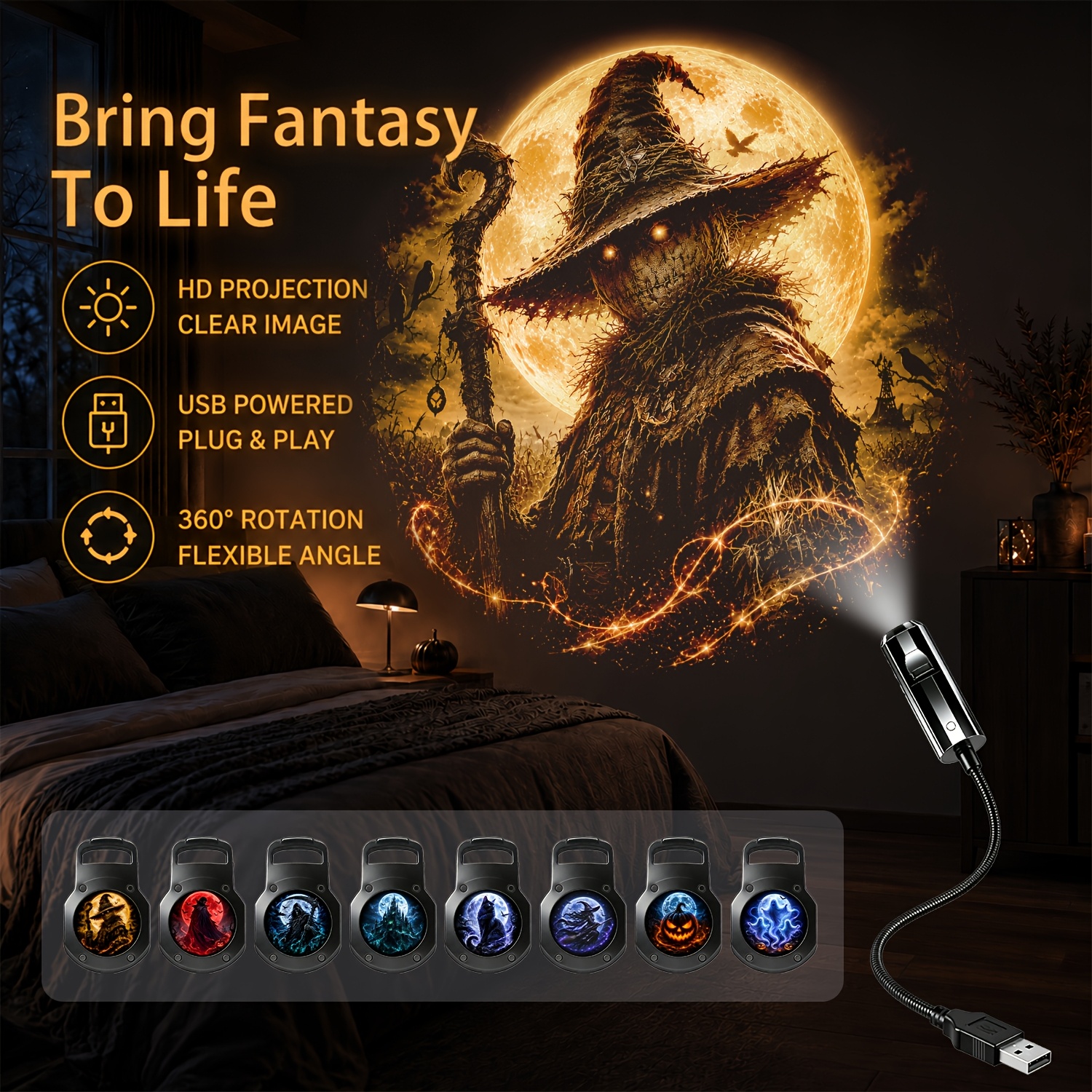 Image of Halloween-themed Projector Light, Multiple Patterns (including ,, Castle), Usb-powered Night Light, Ceiling/bedroom Ambient Light, A Dark And Festive Atmosphere.