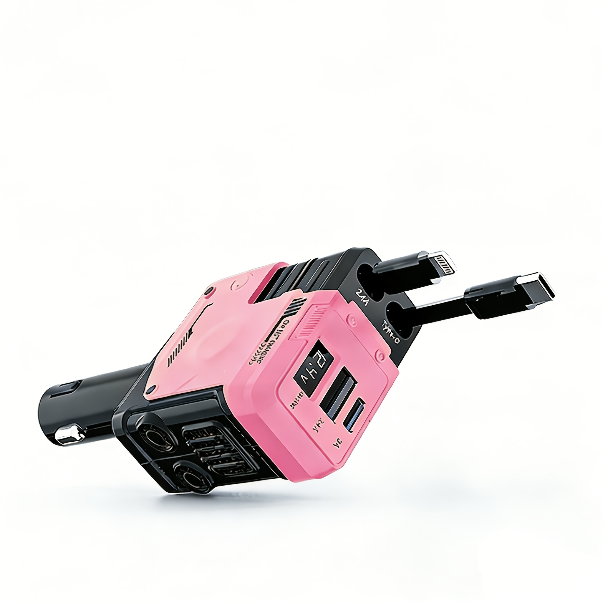 TEMU Universal 4-in-1 Car Phone Charger, 66w Fast Charging, With Digital Voltage Display, Pink And Yellow Mecha Design, 180° Rotatable, Includes -c