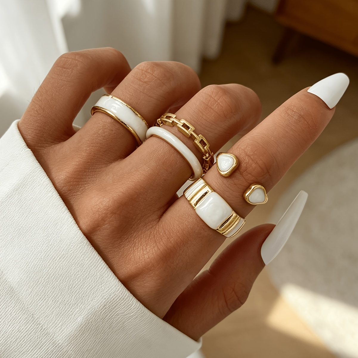 TEMU 4-teiliges Set aus Legierung mit Tropfen-Emaille-Ringen, schlichtes stilvolles vielseitiges Alltags-Set mit weißen zweilagigen