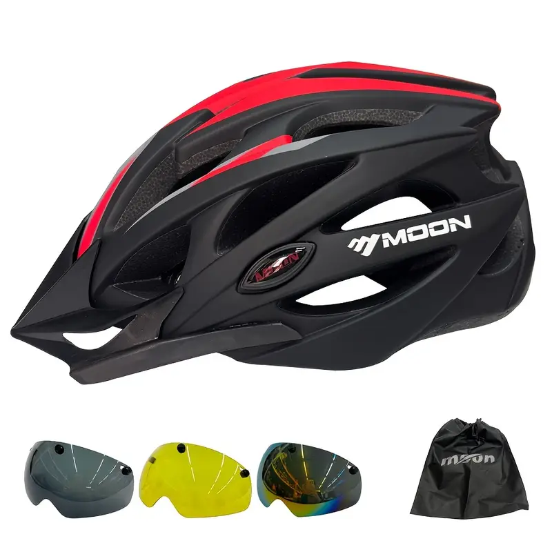 moon ultralight cycling helmet with removable visor black red adjustable multi use for road mountain biking unisex adult uncharged unisex cycling gear modern helmet design adjustable strap helmet details 16