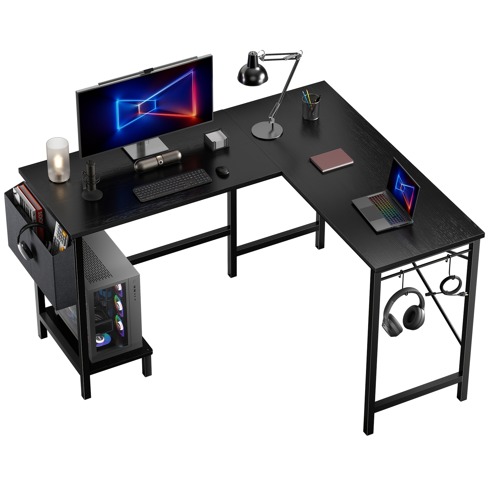 TEMU 50in L Shaped Computer Desk With Storage Bag & Side Hook, Corner Gaming Desk With Pc Stand, Sturdy Home Office Workstation