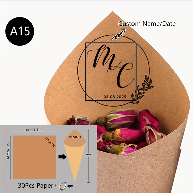 TEMU 30pcs Of Set Diy Wedding Cone For Petal Toss Personalized Confetti Cones, Custom 15 Styles Paper Cone For Bridal Shower Party Decotion