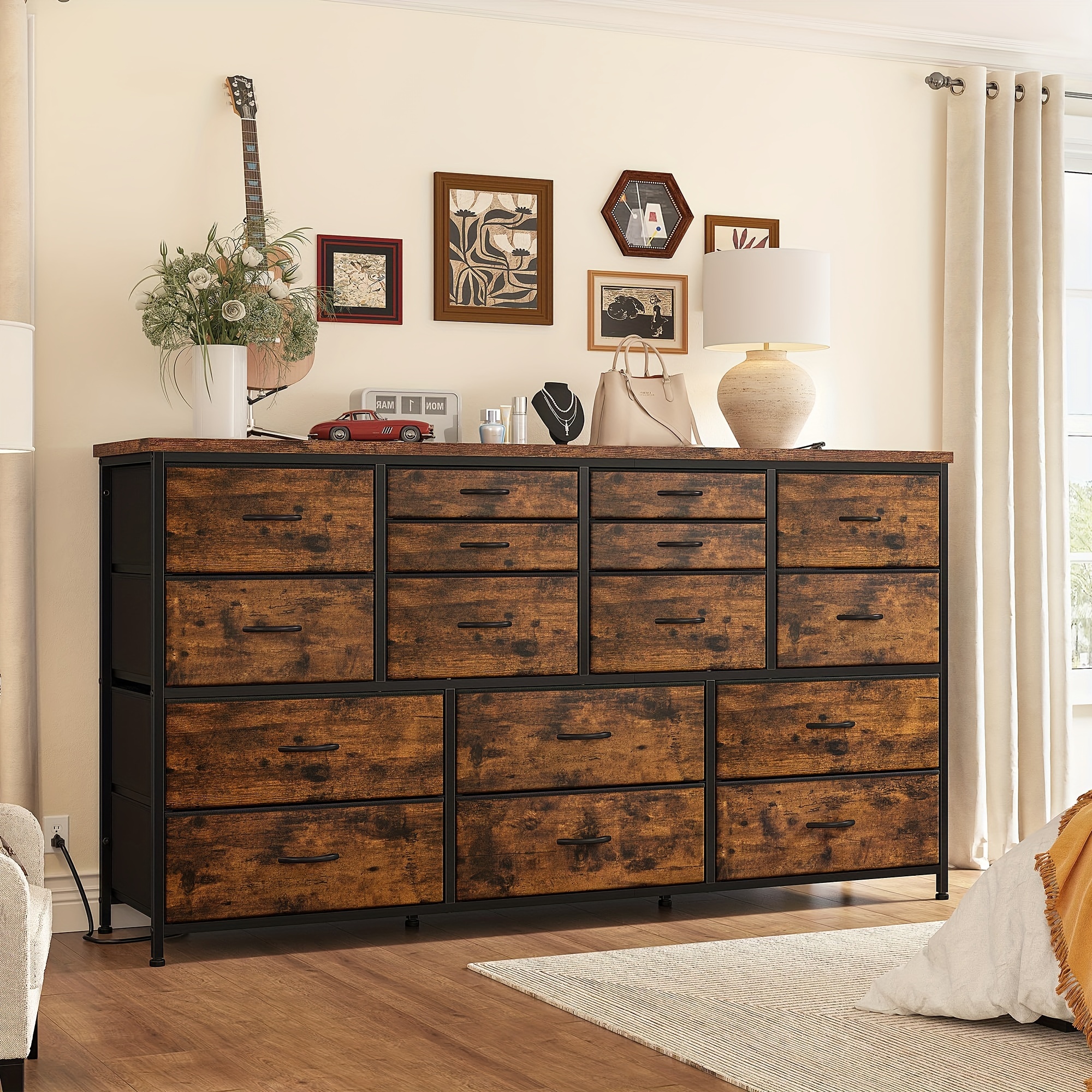 TEMU Tv Stand Dresser For 60" Tv Stand With Charging Station Tv Stands For Living Room Long Dresser For Bedroom Tv Stand With 16 Drawers Storage Tv