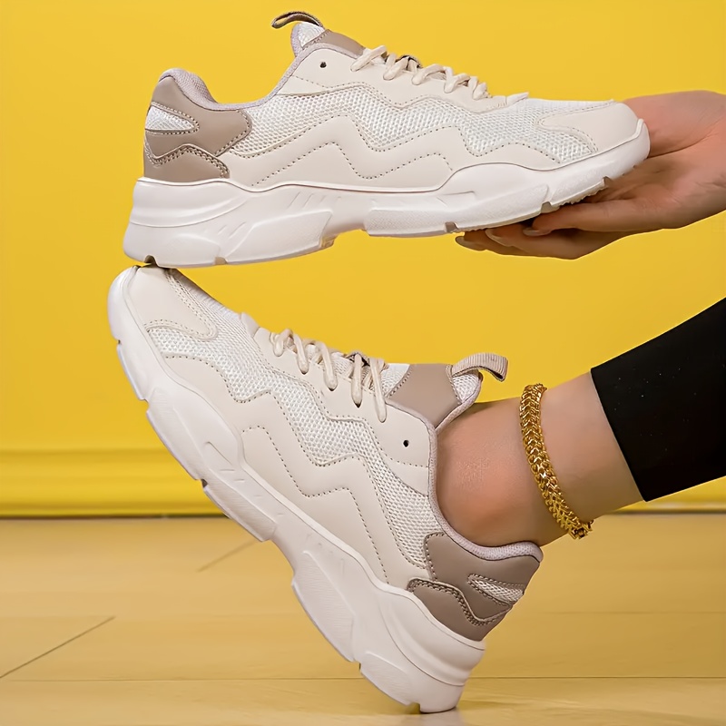 Women's Lightweight Breathable Mesh Chunky Sneakers Casual Low-Top  Lace-Up Running Shoes with White Teal Color Scheme, Comfortable Wear, 