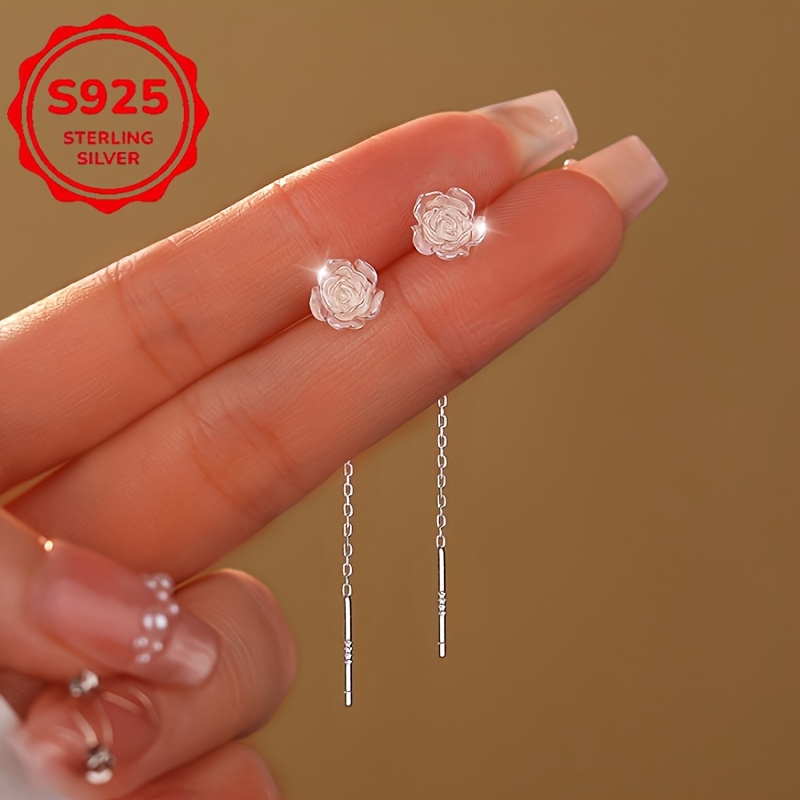 TEMU Elegant S925 Sterling Silver White Rose Tassel Earrings - Hypoallergenic, Lightweight, & Special Gifts