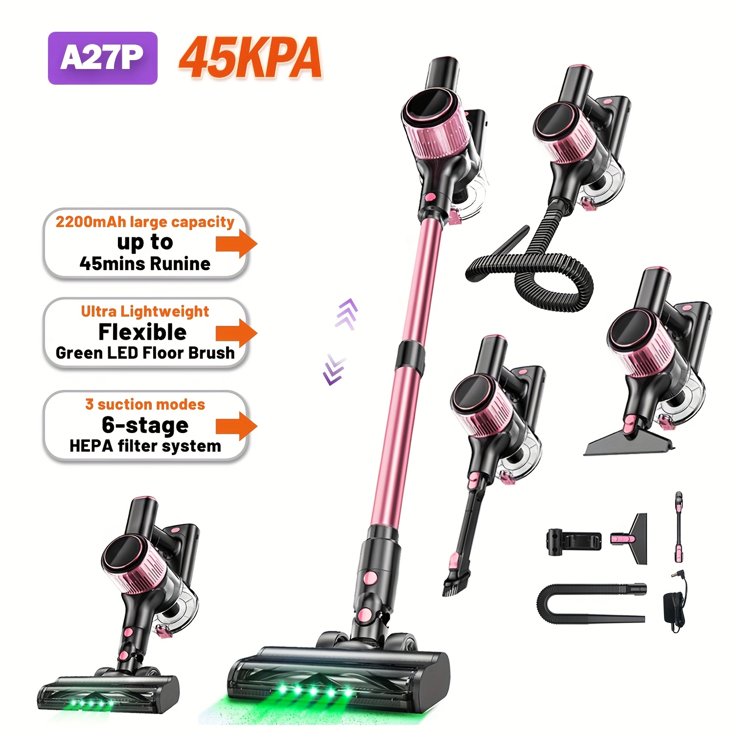 Image of 10-in-1 Stick Vacuum Cleaner | High Suction Home Cordless Vacuum, 45 Minutes Range, 3 Suction , Upgraded , Anti- Brush, Hepa Filter, Aluminum And Plastic Body, Suxiangvac Brand, Battery, 45kpa