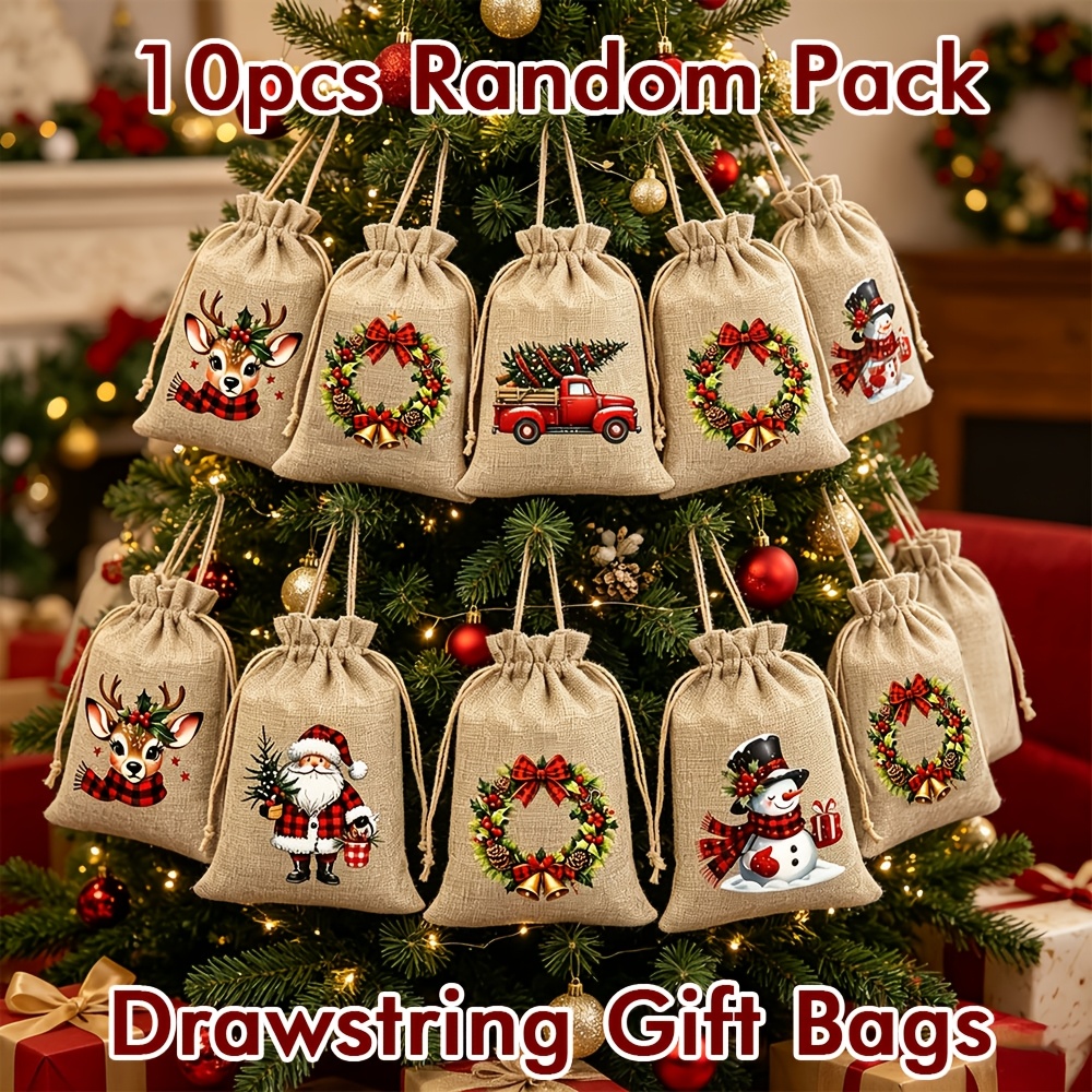 TEMU 10/25 Sacs de lin à cordon de Noël, motif aléatoire vintage à carreaux de bœuf, sacs cadeaux de Noël, sacs de rangement pour cadeaux pour