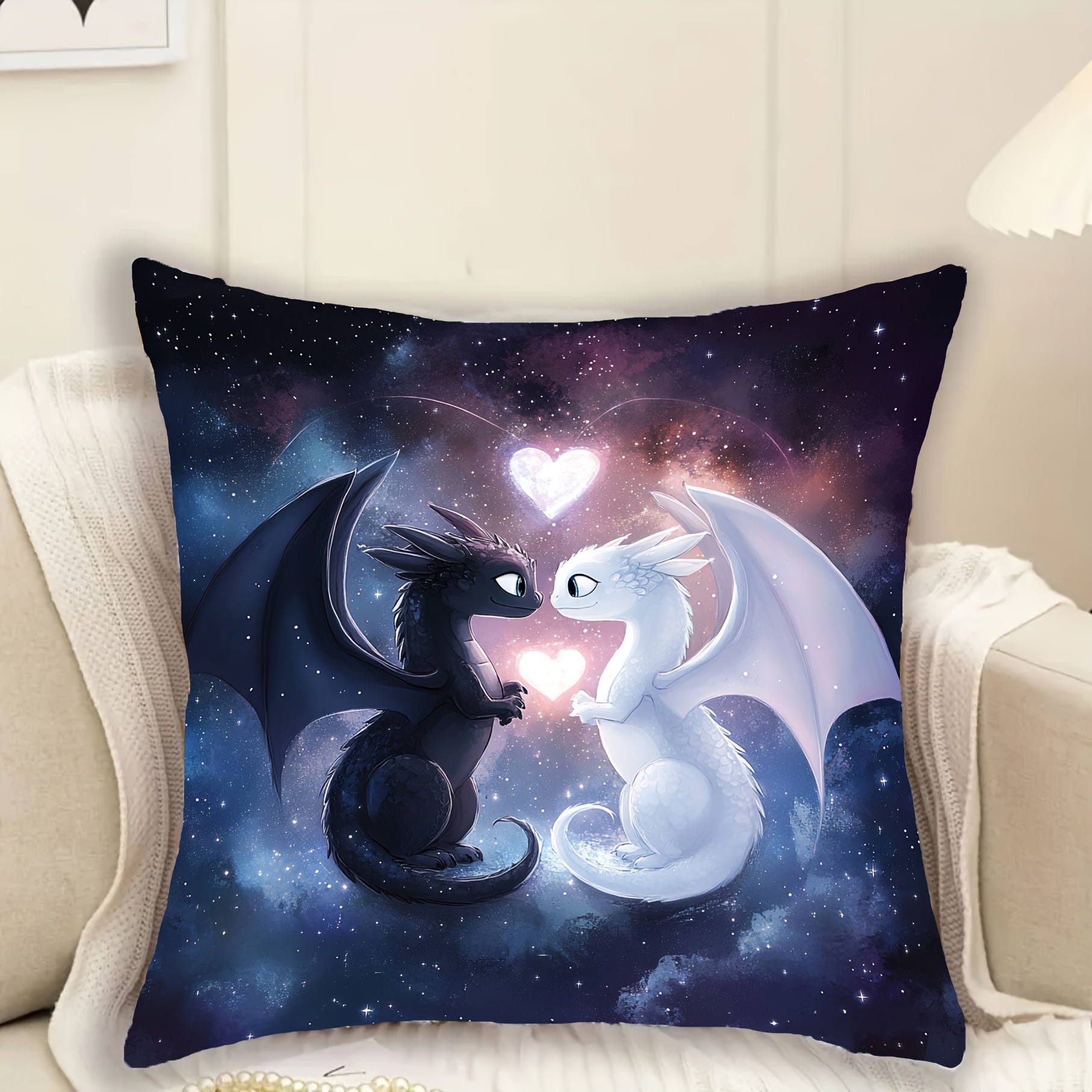 

1pc Toothless & Light Design Cushion Cover, 18x18 Inch, Short Plush, Hand Wash, Zipper Closure, Contemporary Style, Woven Polyester Decorative Pillowcase For Home, Office, Car - Qaqa10668