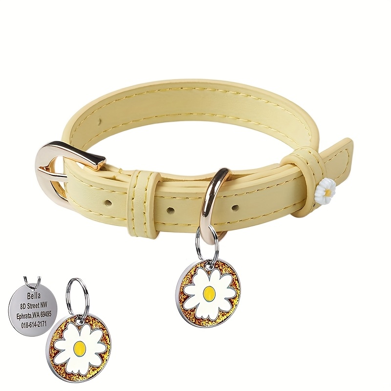 TEMU Personalized Daisy Decorated Dog Collar With Daisy Tag Pendant, Alloy, Round , Custom And Phone Number Cat Id Tag, Suitable For Cats And Small