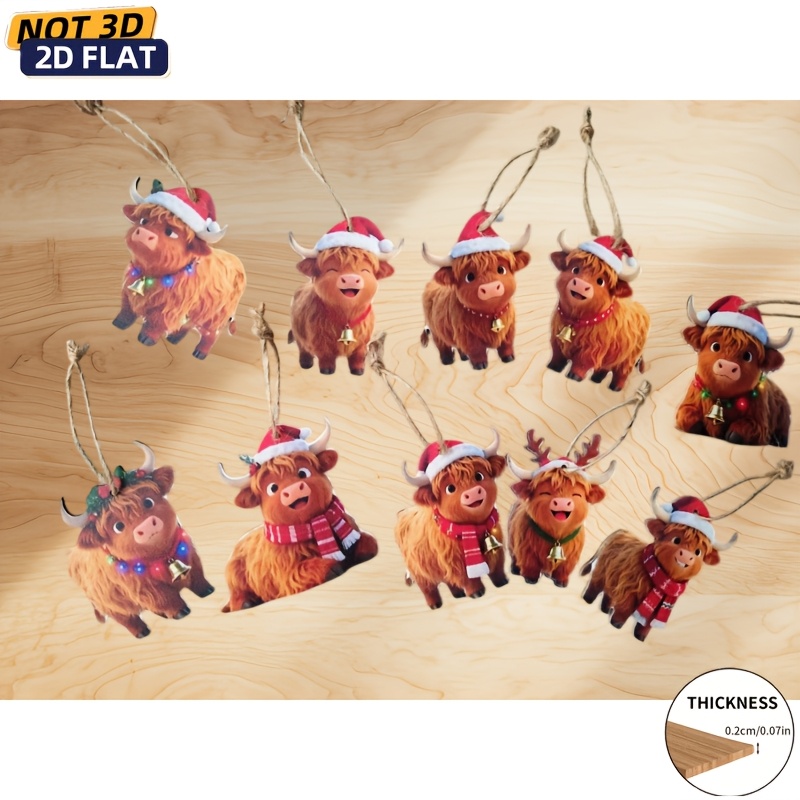 TEMU 2d Flat, 10pcs Set Of Adorable Highland Cow Wooden Christmas Ornaments, Christmas And New Year Decorations, Holiday Decor, Party And Gathering