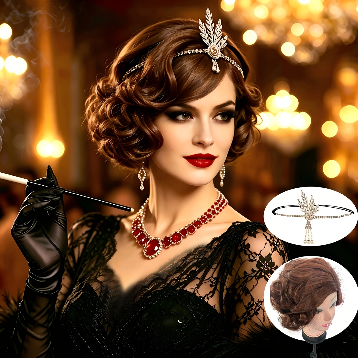 TEMU Damen-Retro-Y2K-Perücke mit Kopfschmuck – Curl, geeignet für Abschlussball, Halloween, Cosplay, /schwarzes Volumen-Haarteil, Retro-Party-Perücke