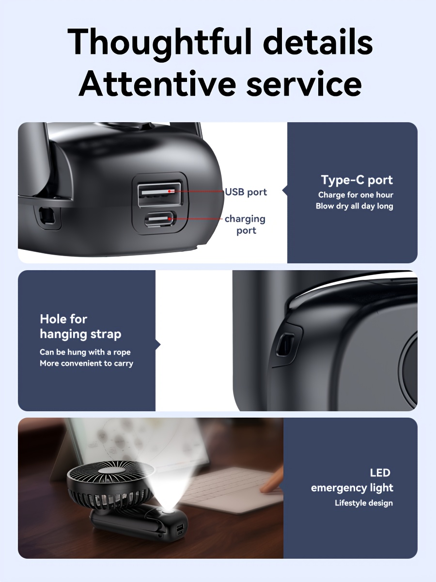 Handheld folding fan with USB charging, suitable for desktop office use, bedroom, outdoor travel, camping, neck hanging, students' classes, five wind levels, power level display, long-lasting battery life of 6000mAh, with charging treasure function