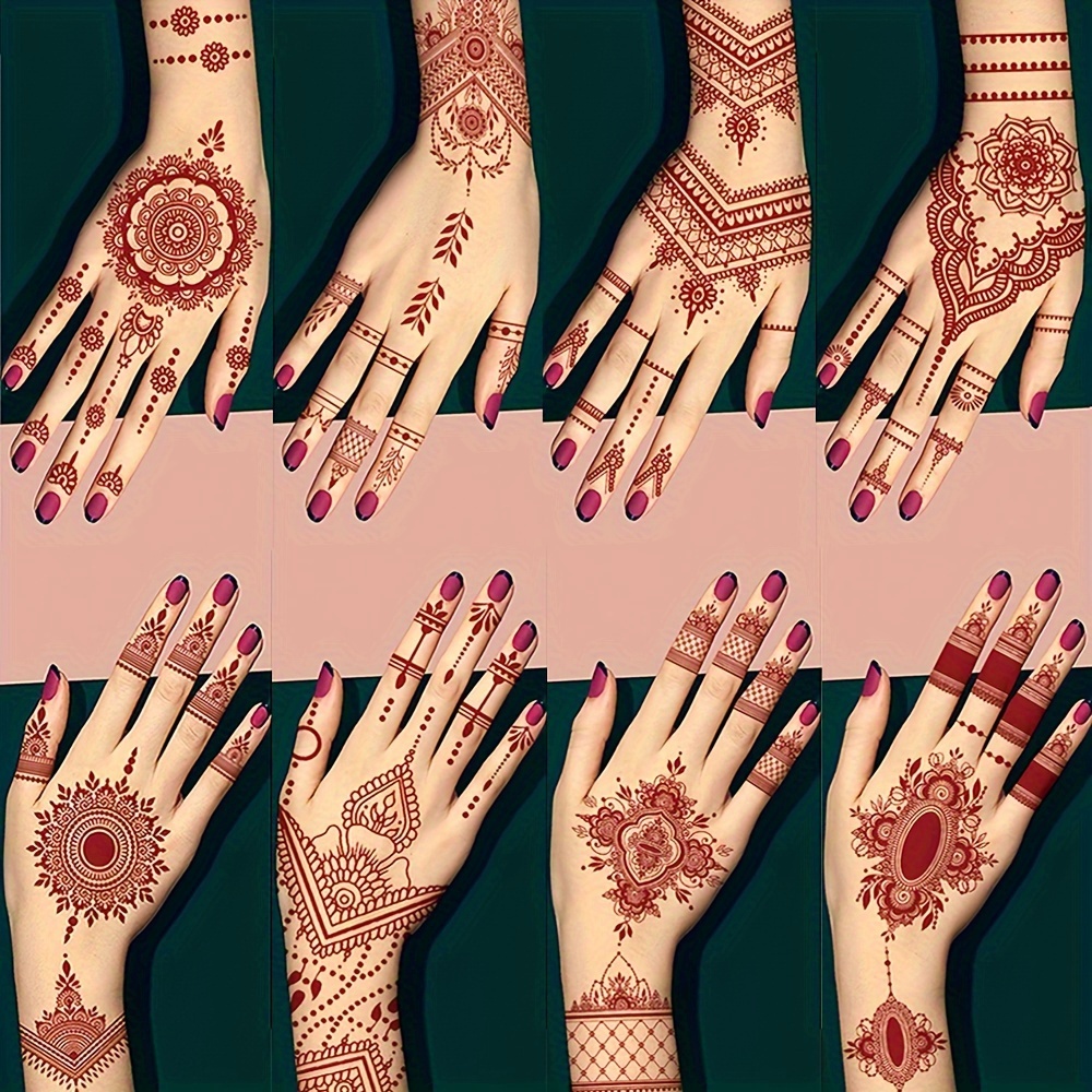 

9 Sheets India Mehndi Design Brown Red Maroon Tattoo Stickers, Water Transfer Fake Tattoos For Hands, Temporary Long Lasting Body Art Fingers Full Hand Tattoo Stickers For Women