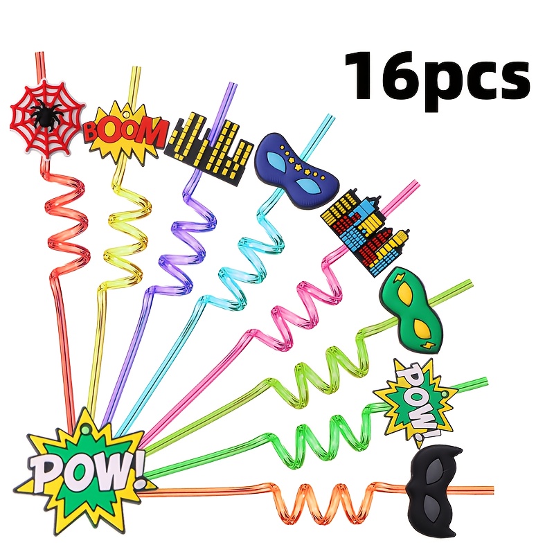 Image of 8/16pcs For Hero Party Theme Straws | Reusable Plastic Straws For Hero Theme Birthday Party Gifts, Party Candy Fillers, Birthday Decorations Supplies