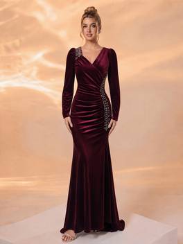 elegant v neck sparkling crystal wedding bridesmaid party dinner gown for women