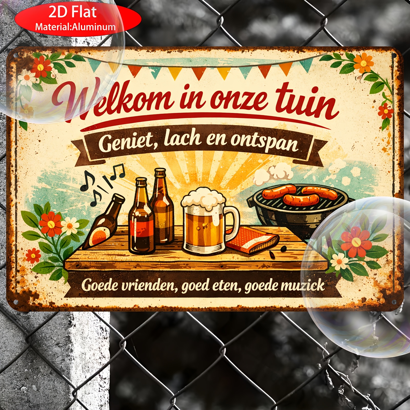 TEMU 2d Flat, 2d Plane - 1pc Of 2d Wooden Plaque, Vintage Distressed Dutch Text In Dutch Style, "welcome To Our Garden Bbq Beer" Wall Sign, Featuring