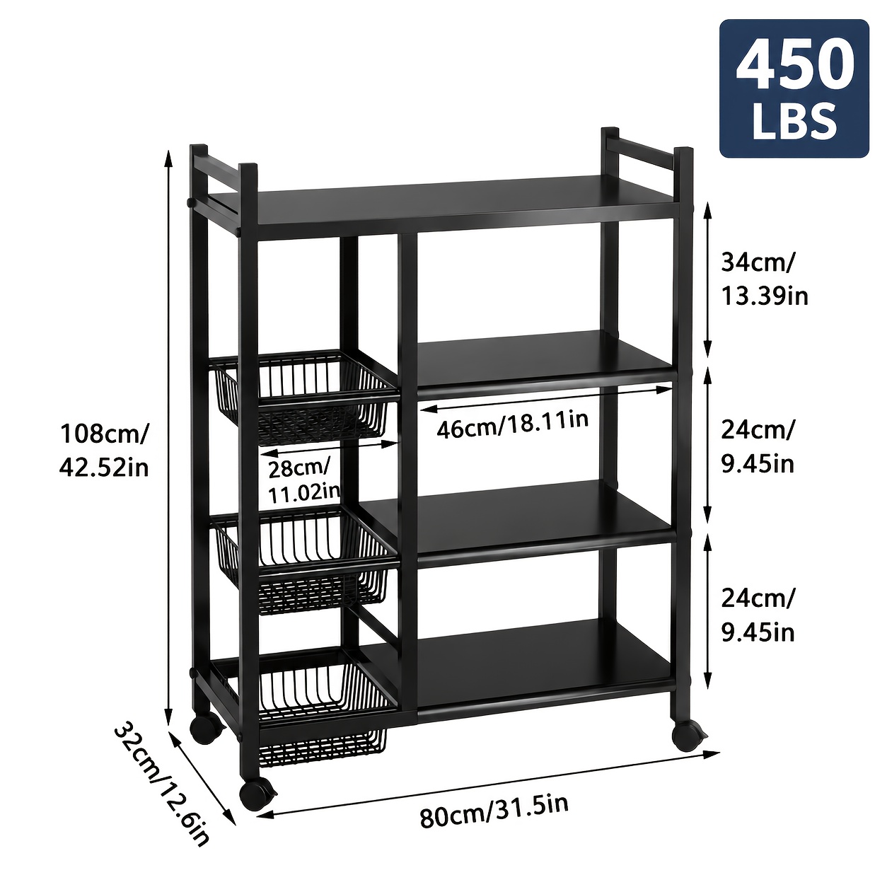 TEMU 1pc Movable Storage Rack, Adjustable Kitchen Shelf With Baskets, Kitchen Organizer And Storage, Metal Shelf Rack With Wheels, Suitable For