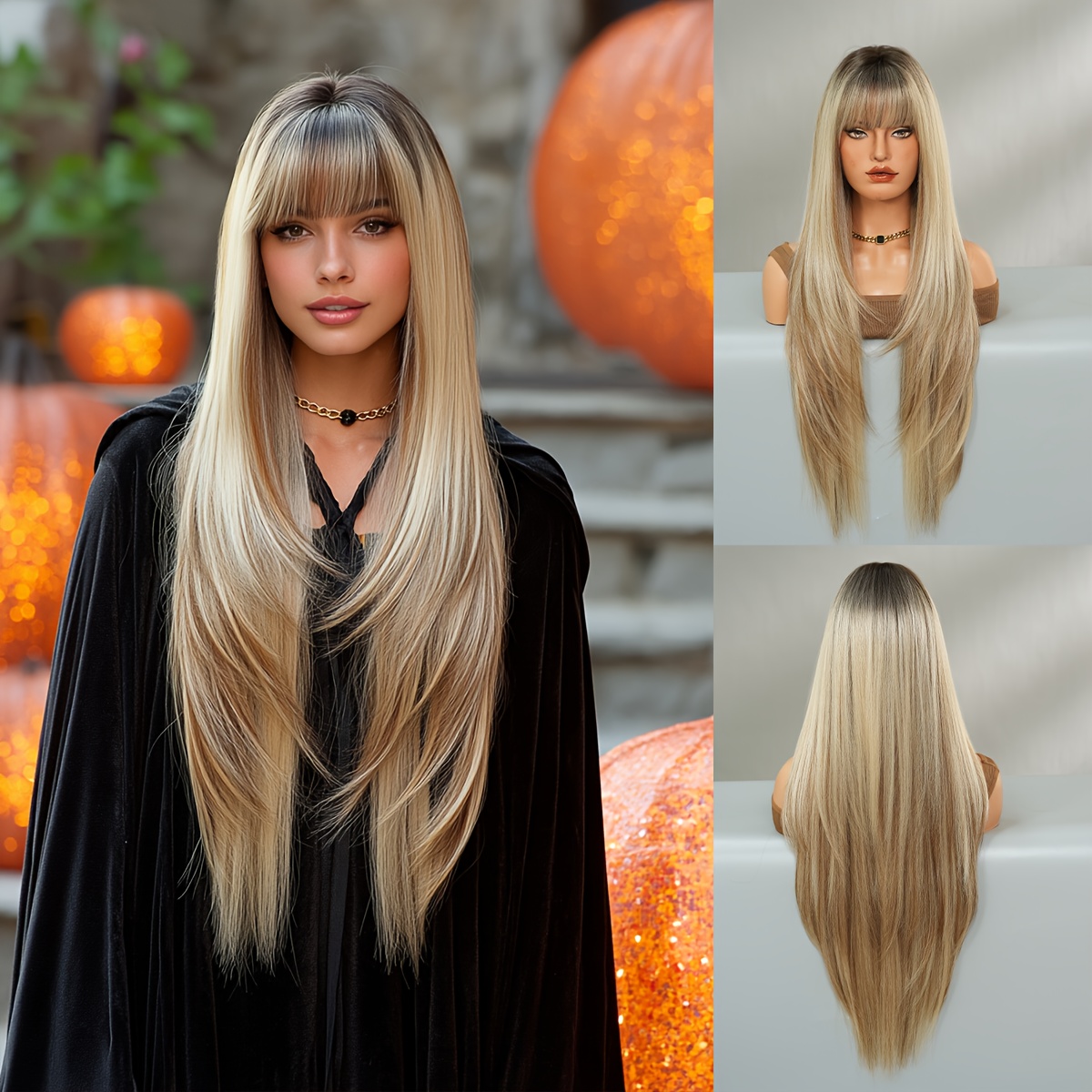 TEMU Halloween Cosplay Wigs High Density Synthetic Blonde Wig For Women Modest Fashion Brown Wigs With Neat Bangs Long Straight Heat-resistant Fiber