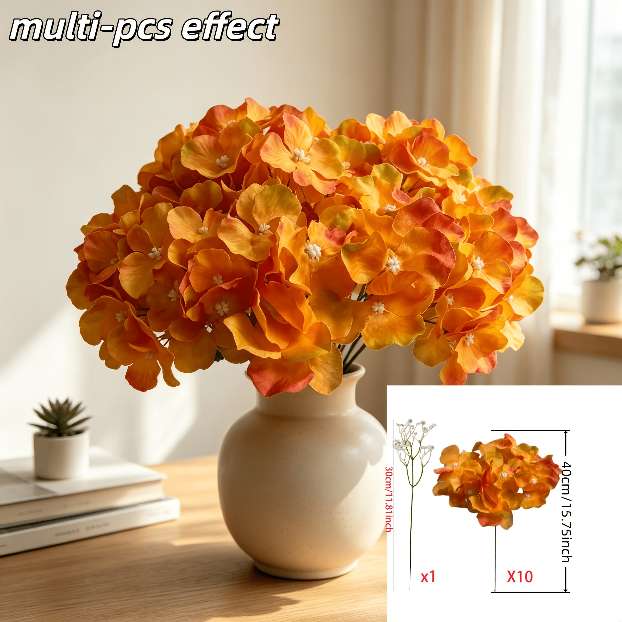 TEMU 11pcs High-quality Artificial Autumn Orange Hydrangea And Baby's Breath Flower Set, Artificial Flowers For Home Decor, Suitable For