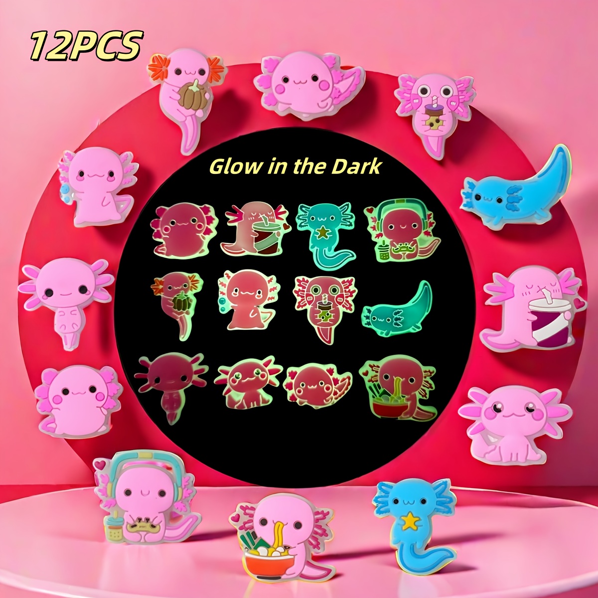 

Gcycheng 12-pack Axolotl Series Glow In The Dark Pvc Charms For Shoes, Wristbands, Bags - Accessories For Sandals And Beach Bags - Ideal Gift For Birthdays, Christmas, Valentine's Day