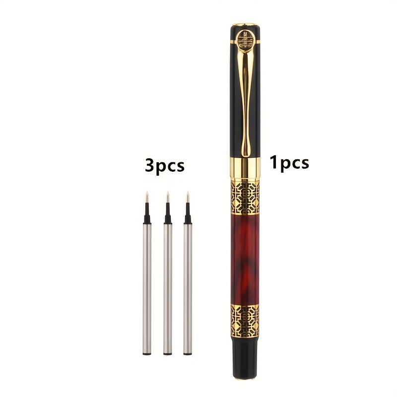 Image of 1pc Pen + 3pcs Ink Set | Golden Carving Color Rollerball Pen, Refillable, Click-off Cap, Medium Point, Stick Construction, School Student Supplies
