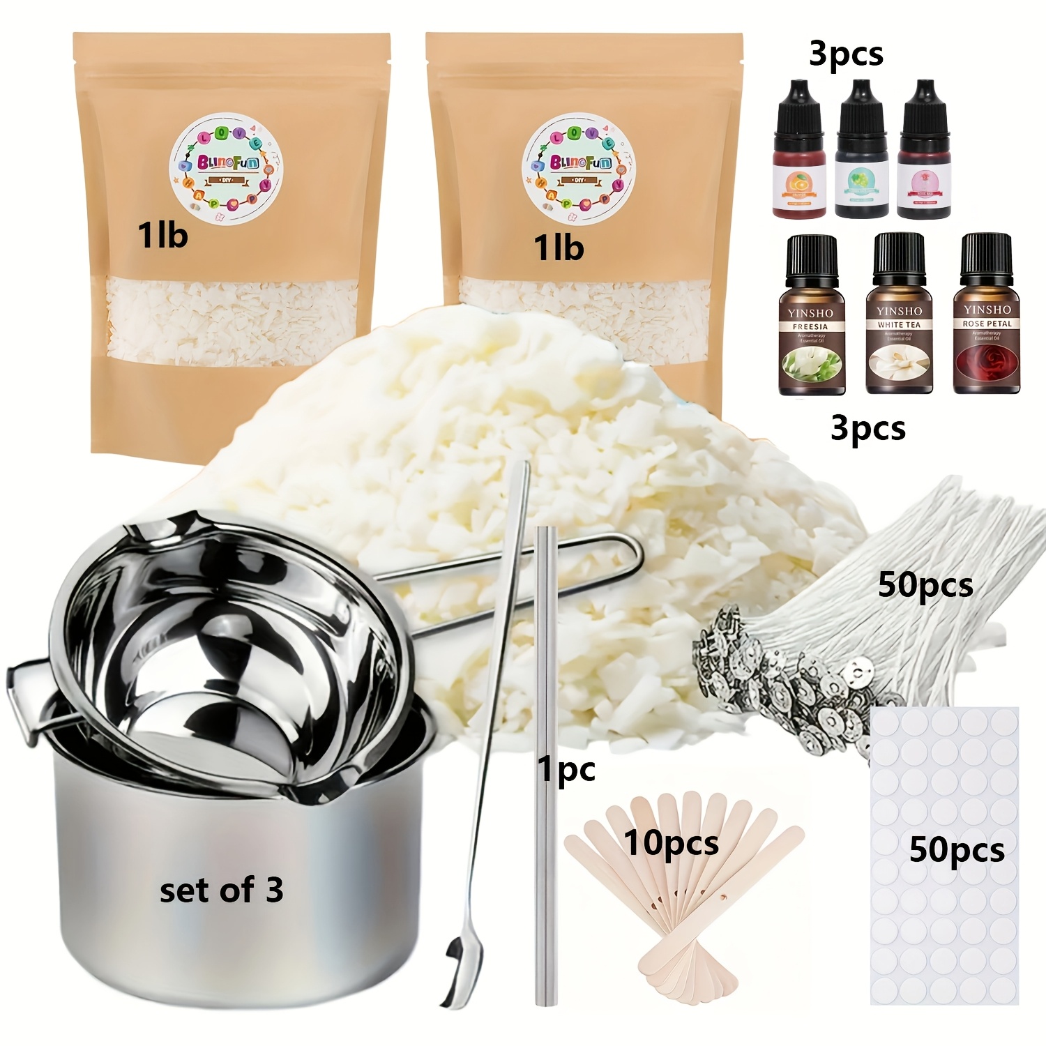 Image of Blingfun 1lb/2lb Soy Wax Candle Making Kit With Soy Wax, Wicks, Wick Holder, Stickers, Wax Melting Pots And Wax Wick Placement Tube, For Making Scented Candles And Wax Products