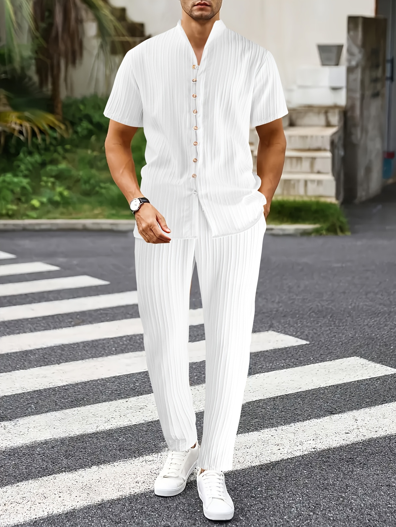 Men's Spring/Summer New Textured Fabric Wave Stripe Trendy Casual Short Sleeve Top + Pants 2pcs Set
