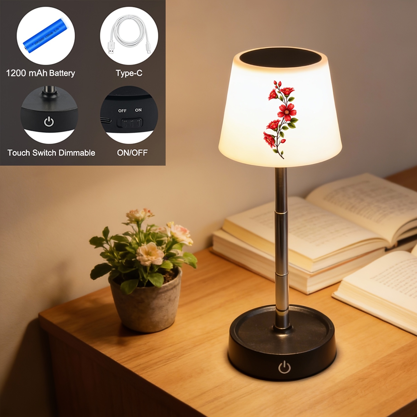 Red Kapok Flower Branch Pattern Desk Lamp, Adjustable & Rechargeable