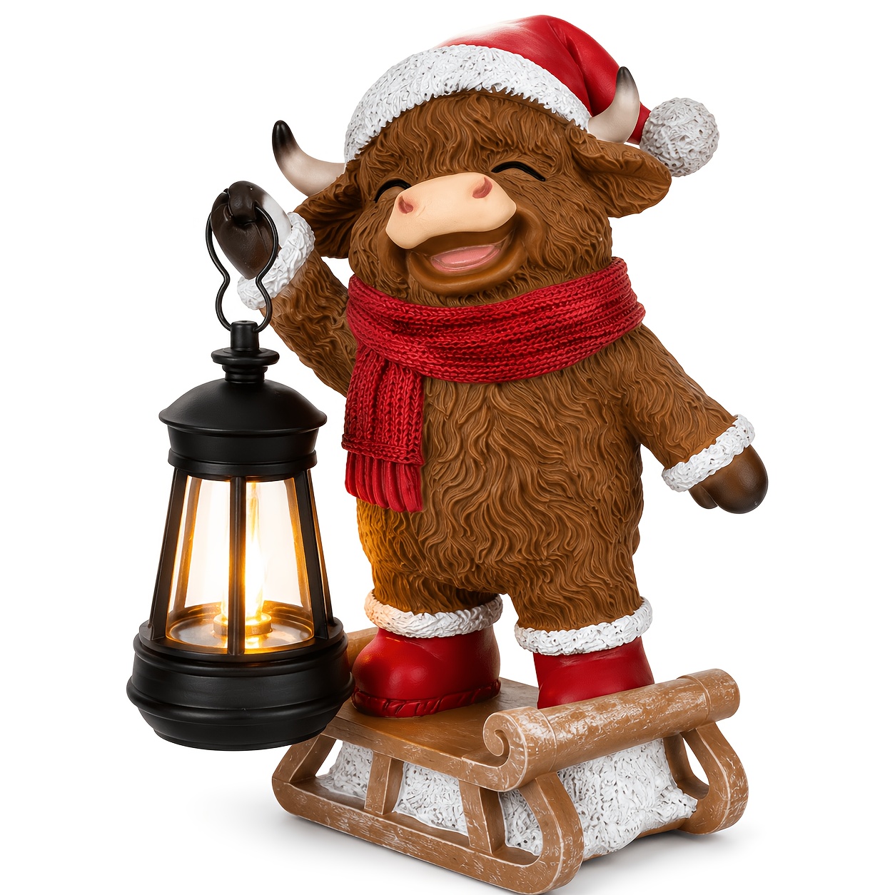 TEMU Christmas Highland Cow Lantern Decor, Lighted Resin Cow Statues On Sled With Warm Led, Rustic Farmhouse Holiday Decorations For Porch, Entryway,