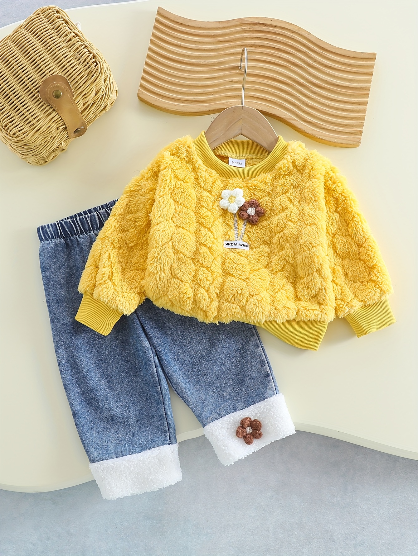 yellow floral long sleeve lined top and denim pants set autumn winter style christmas outfit suitable for holiday parties   outdoor Product details 0
