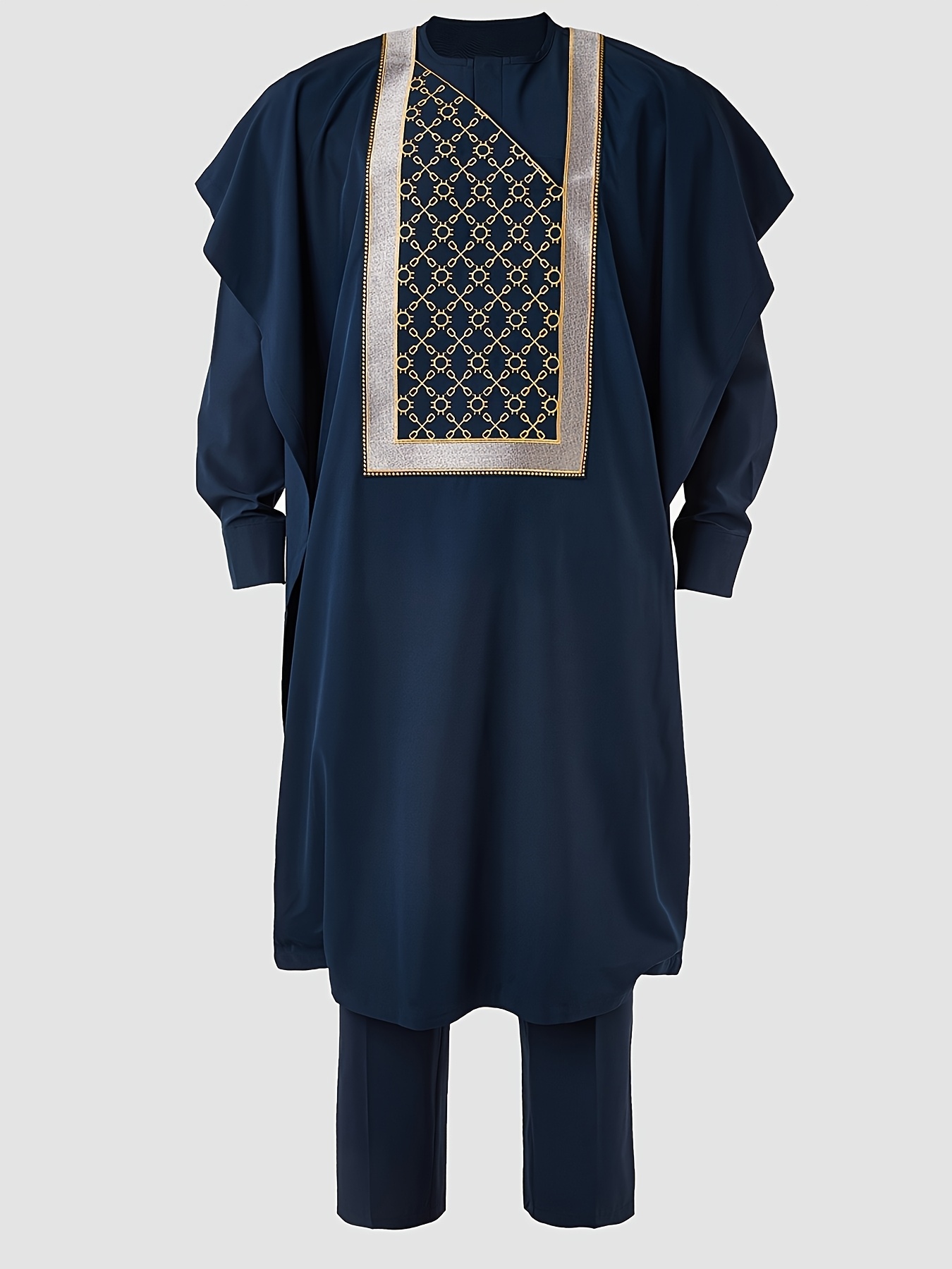 Men's Agbada 3pcs Set, Embroidered Pattern, Crew Neck, Hidden Buttons, Slit Hem with Pockets, Ethnic Pattern Robe, Long-Sleeve Shirt, Drawstring Elastic Waist Pants, Suitable for Banquets, Birthdays, Gatherings, Weddings, Holiday Celebrations, Dates