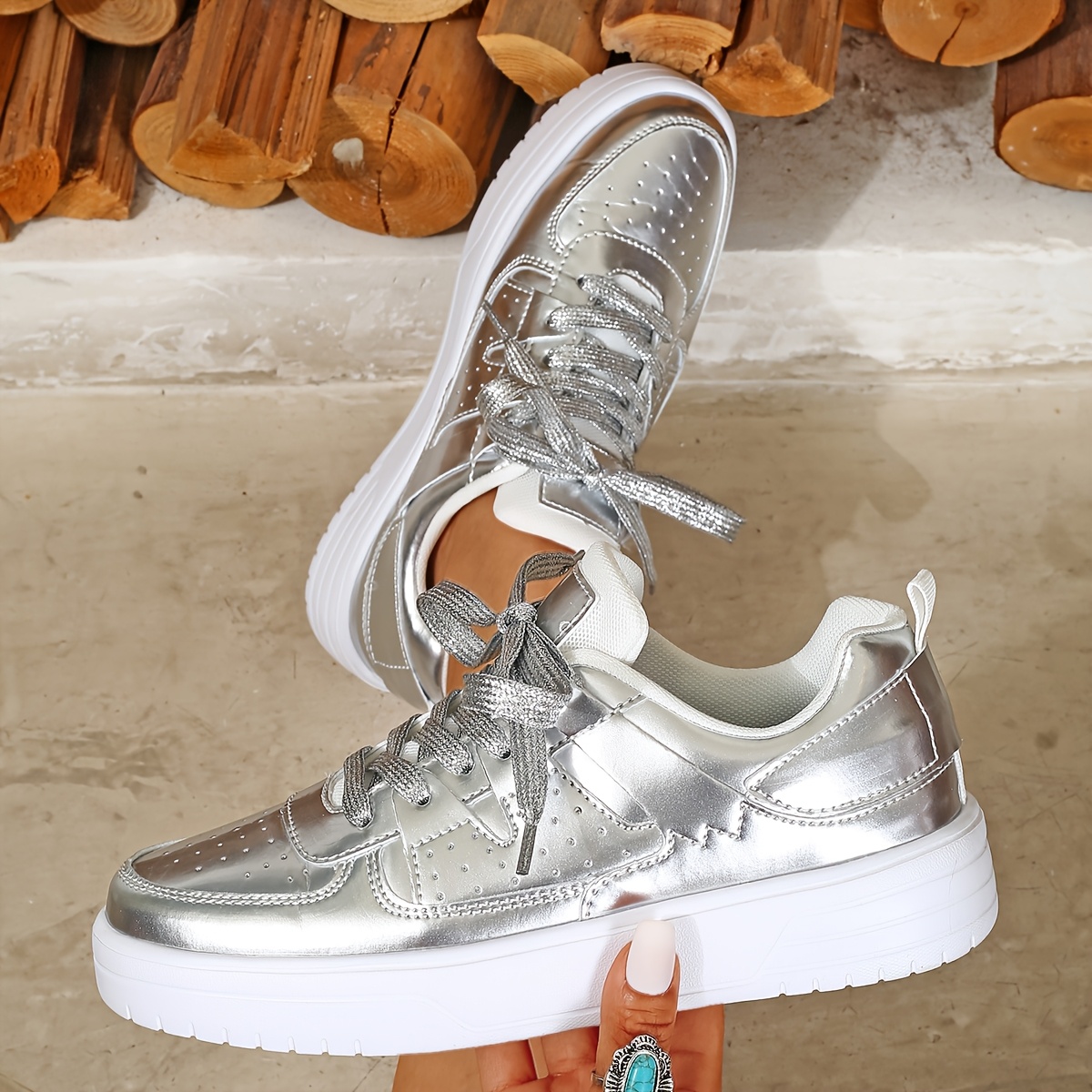 A Silvery Ladies Platform Style Sneaker For With A Lightweight Sole And A  Lace-up Round Toe Design, Suitable For Parties And Everyday Wear - Main Image