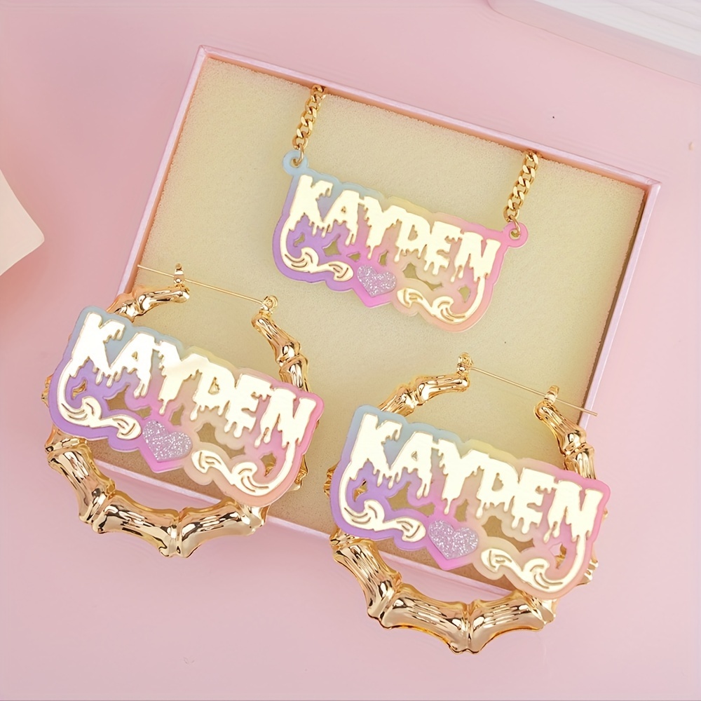 

Custom Acrylic Name Necklace & Earrings Set - Punk Style, Personalized Halloween Drip Letters, 45cm Pendant & 60mm Round Bamboo Hoop Earrings -