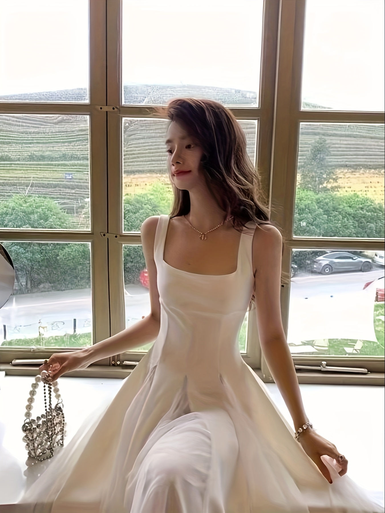 elegant white spaghetti strap midi dress women square neck Temu