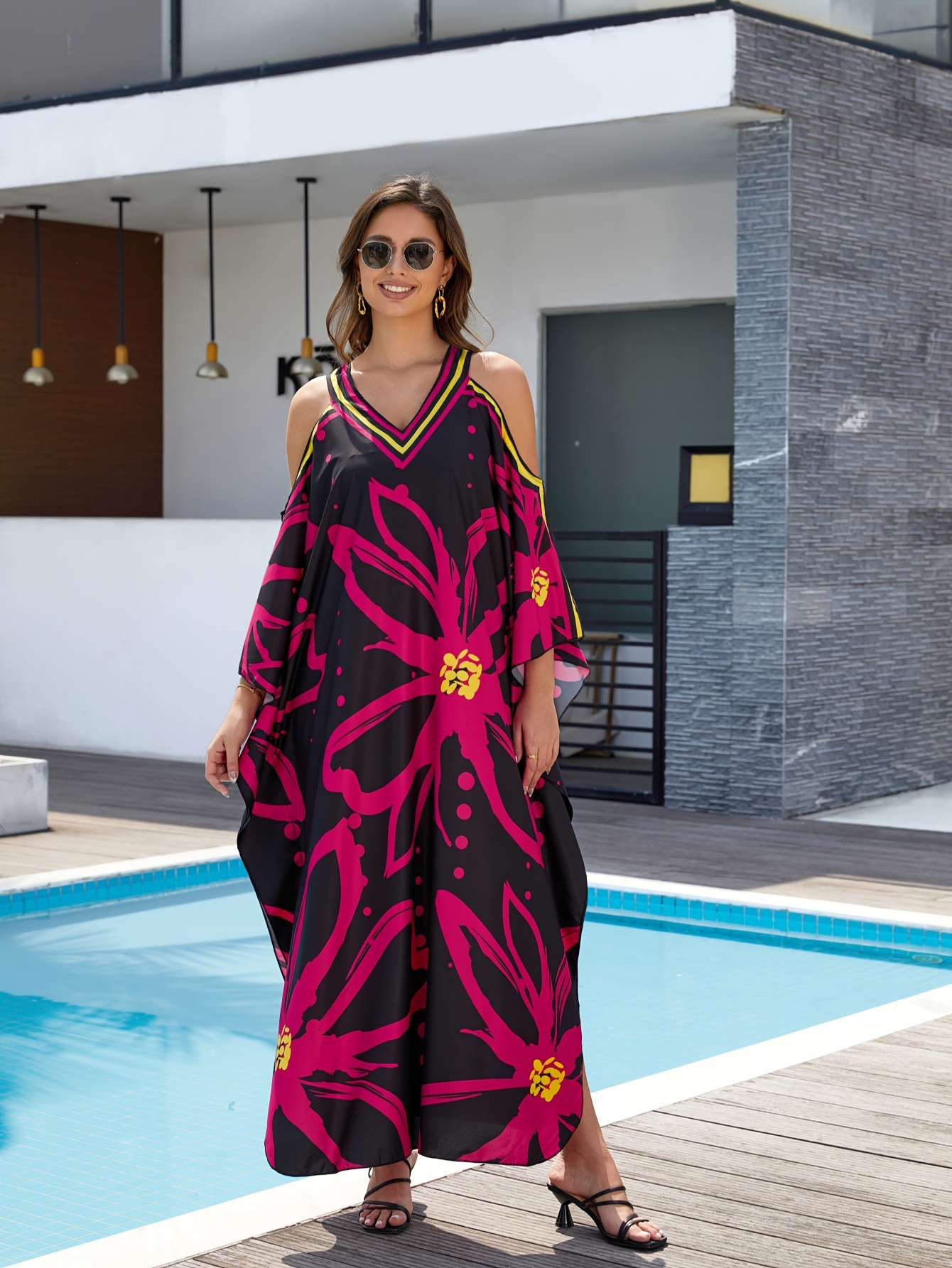 Allover Print Cold Shoulder Kaftan Dress, Casual V Neck Batwing Sleeve  Coverup Maxi Dress, Women's Clothing