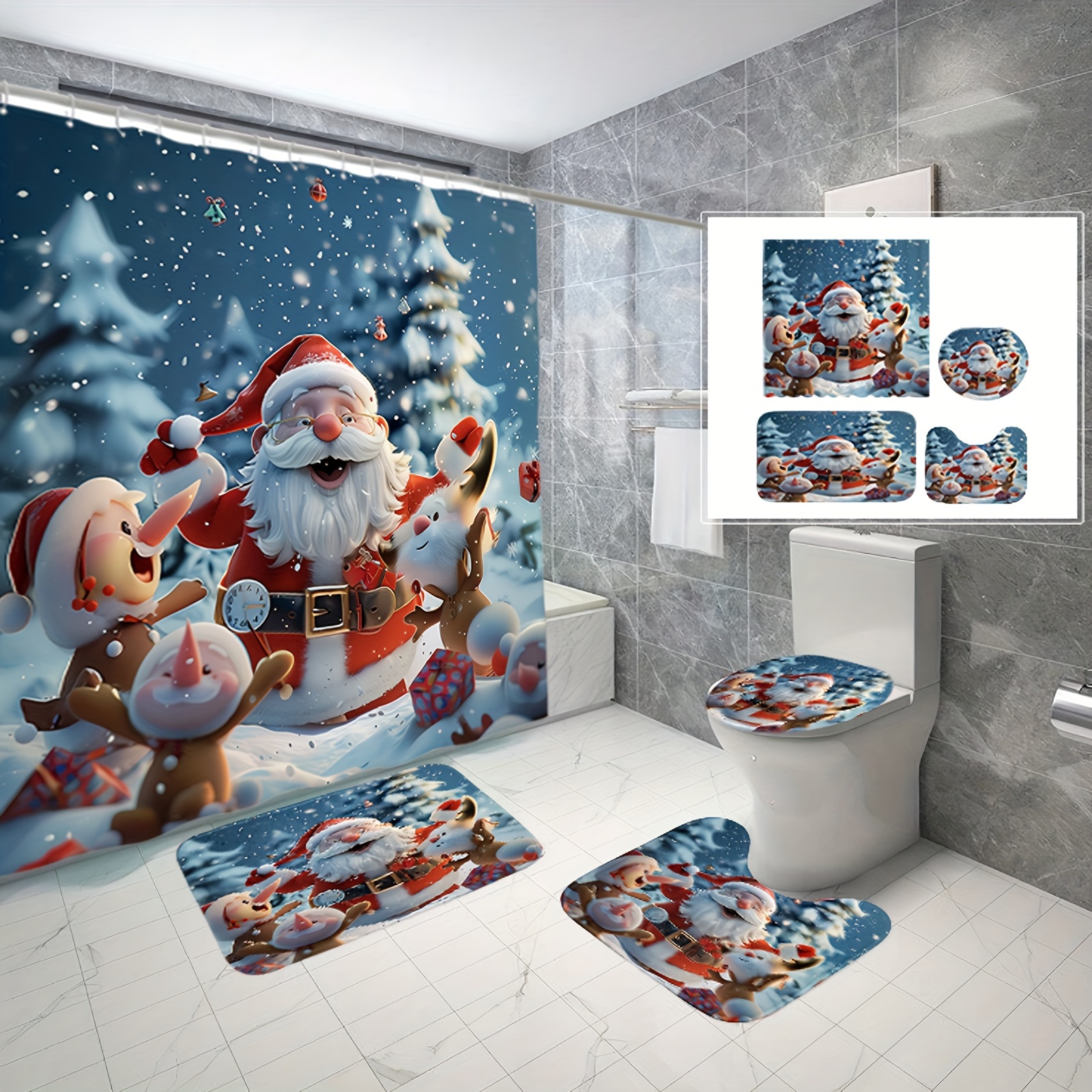 

1/3/4pcs 3d Santa And His Patterned Shower Curtain, Waterproof Polyester Fabric, Showercutainsfor Walkinshowers With 12 Hooks, Bathroom Non-slip Floor Mat, Toilet Seat Mat And U-shaped Mat