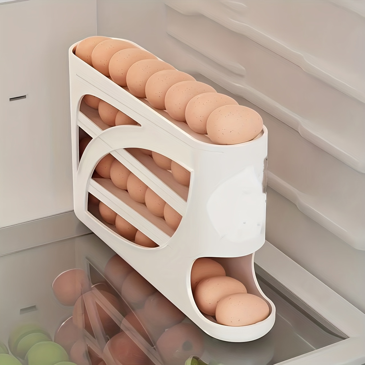 4-tier Rack - Space- Side Door Design, Capacity For 30 Eggs, Smooth Glossy End, Convenient Handle, Suitable For Kitchen And Refrigerator Storage | Modern Kitchen Accessory | Durable Plastic Material