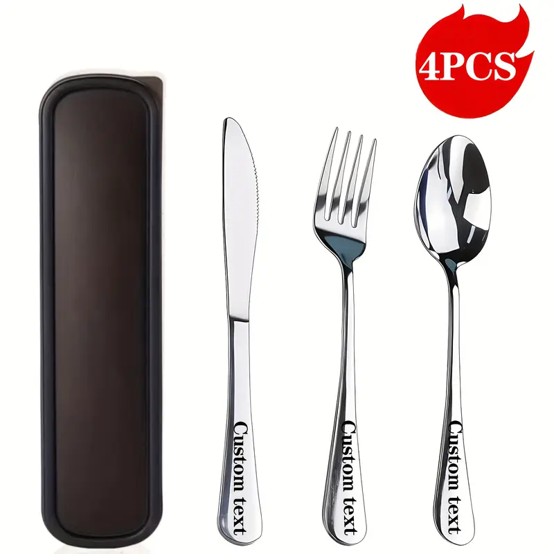 4pcs customized text engraved 3pcs stainless steel cutlery set portable knife and box silvery black essential for couples travel school restaurant lunch box christmas gift Product details 0