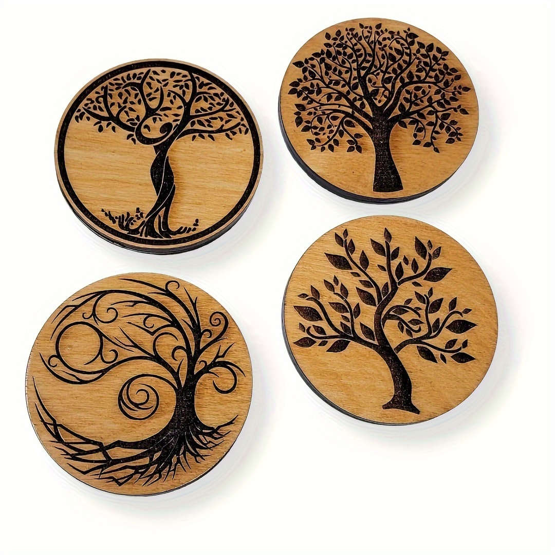 

4pcs Set Rustic Wooden Coasters, Tree Of , Cup Mats For Coffee Table, Bar, Kitchen Cabinet Decor, And Coaster Set