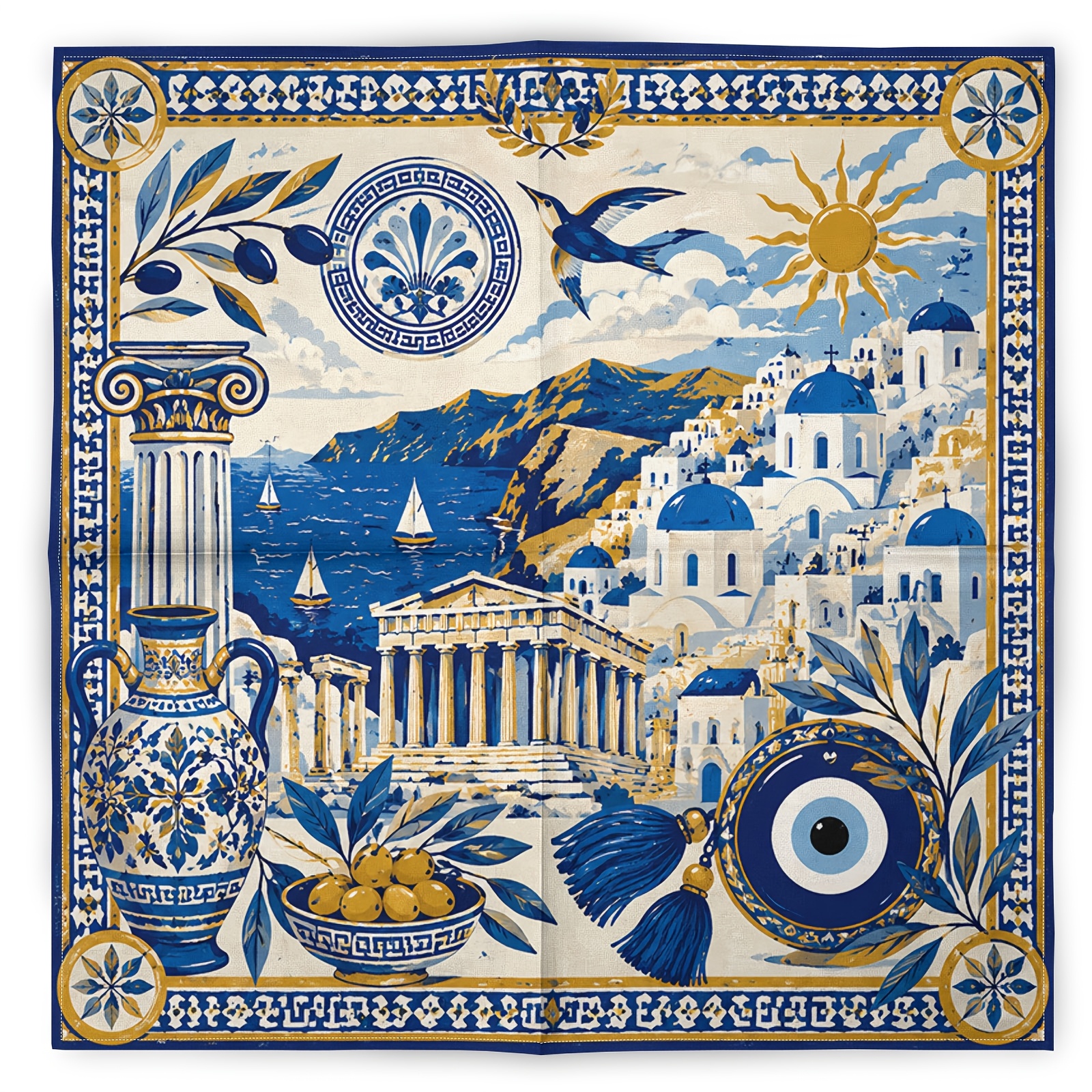 TEMU Blue And White Greek-style Vintage Fashion Scarf And Neck Warmer, Mediterranean Architecture Hip-hop Trendy Headscarf, Sports Bandana, Square