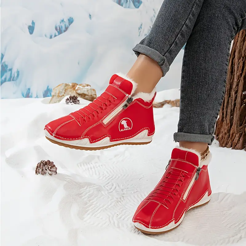 womens winter ankle short boots with plush lining warm zipper lace up closure round toe flat sole multi color options red blue white pink green washable synthetic cover casual boots for wear light outdoor activities winter boots for women elegant classy boots with heels wide width boots for women winter boots for women high quality snow boots shoes for women Product details 6