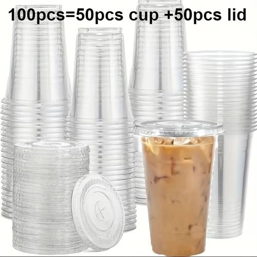 100 stuks (50 bekers en 50 deksels) /transparante plastic bekers, vlakke deksels, geschikt voor ijskoffie en smoothies, drankbekers voor feesten en bruiloften, beste keuze voor kerstmis, perfecte keuze voor thanksgiving