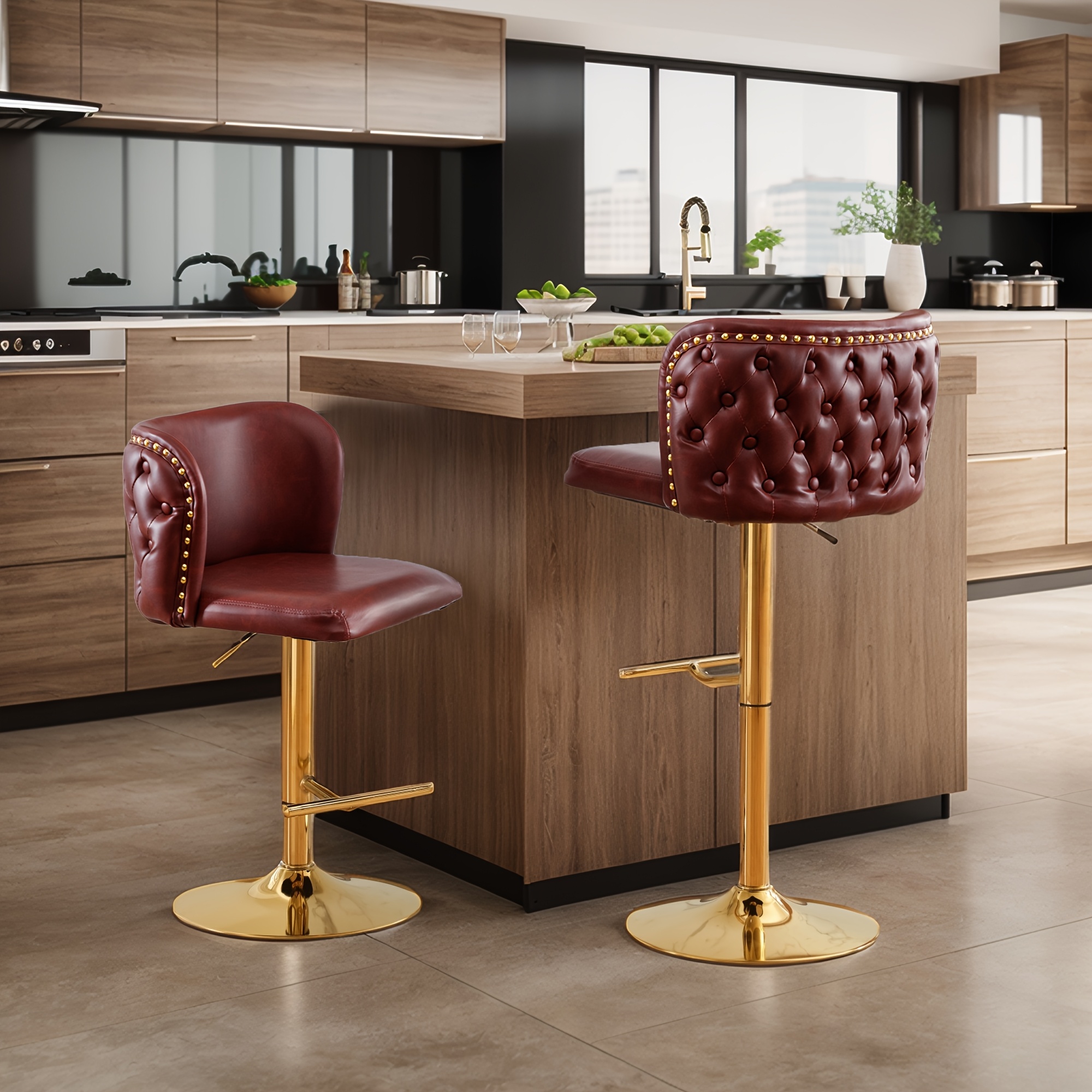 Set Of 2 Modern Swivel Bar Stools, Adjustable Height Counter Height Stools with Tufted Button Back & Nailhead Trim, Luxury Barstools with Golden Metal Base for Kitchen Island & Home Bar